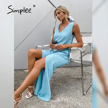 Simplee Мода оцветените в синьо женски костюм лятото е V-образно деколте жилетка сплит широки панталони елегантен Всекидневен High Street от две части комплект дама 2021