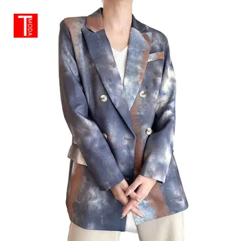 TMODA372 Women Za 2020 Fashion Double Breasted Tie-dye Print Blazer Coat Vintage Long Sleeve Pockets Дамски връхни Дрехи и Шикозни блузи