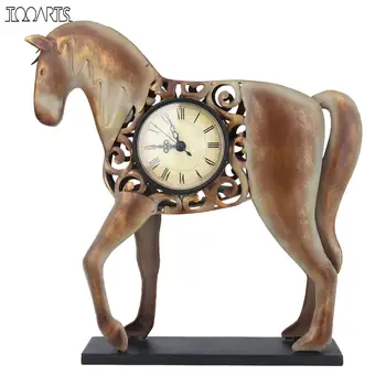 Tooarts Horse Clock Vintage Metal Horse Figurine Hollowed Pattern Mute Настолни часовници, движещи се от една батерия тип АА (не са включени в комплекта)