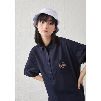 Toyouth Women Shirt Dress 2021 Summer Short Sleeve Turndown Collar Губим H Line Solid Letters Pint Dresses