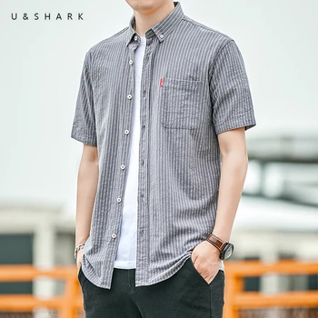 U&SHARK Summer Fashion Short Sleeve Шарени Shirt Young Men Button Up Тениски Корея, Дрехи Памук Orange Ежедневната Мъжка Риза