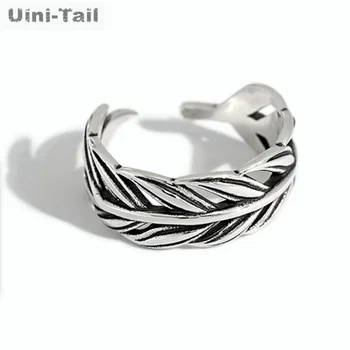 Uini Tail new design 925 sterling silver retro personality hollow feather ring simple creative cold wind leaf ring