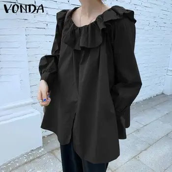 VONDA Women Long Sleeve Blouses Femininas Solid Blouse Casual Дантела Нагънат Богемные Върховете S - Elegant Blusas Femme