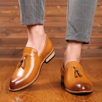 WEH мъжки модел обувки кожени Луксозни Маркови кожени обувки с остър пръсти Бизнес мъжки Ежедневни Меки Официални Сватбени обувки Голям Размер 46