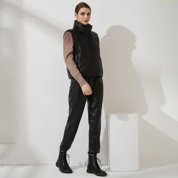 Wixra Women New Fashion Solid Warm Vest Zipper ПУ Sleeveless Back Lace Up Coat Свободна Връхни Дрехи Есен-зима Топ