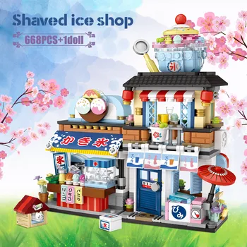 XQYCity Mini Street View Japanese Food Takoyaki Shaved Ice Shop Строителни блокове Фигурки Тухли Играчки За Коледни подаръци за деца