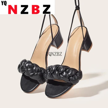 YQNZBZ 2021 New Summer Fashion Design Weave Дамски сандали Квадратен ток Дамски сандали с отворени пръсти Размер обувки 3540