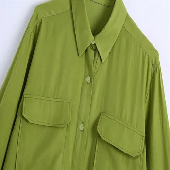 ZA 2021 Vintage Green Асиметрична Риза Жени С Дълъг Ръкав Отпред Джобове Летни Ризи Луксозен Задната Гънка Жена Случайни Топ