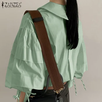 ZANZEA Стилна дамска блуза с дълги буйни Ръкав 2021 Пролет однотонная риза с дантела Blusas Ризата Мода Ежедневни Свободна Туника Върховете