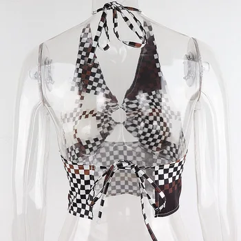 Zenaide Mosaic Print Bandage Halter Metal Tie Up Crop Top Vintage Без Гръб Women Sweats Basic Summer Top 2021 Fashion Streetwear
