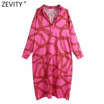 Zevity 2021 Women Vintage Chain Printing Casual Губим Straight Midi Dress Female Chic Batwing Brand Sleeve Kimono Vestido DS8117