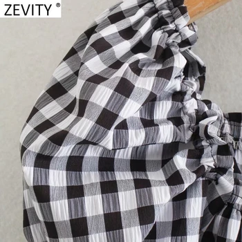 Zevity New Women Vintage Square Collar Plaid Print Short Slim Smock Blouse Female Puff Slee Pleat Shirt Chic Blusas Върховете LS9034