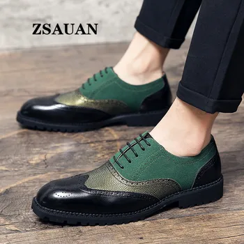 ZSAUAN Полуофициальная изкуствена кожа Мъжки обувки с Брогами Контрастен Зелен Оранжев Нигерия Елегантни мъжки обувки Голям Размер 46 47 48