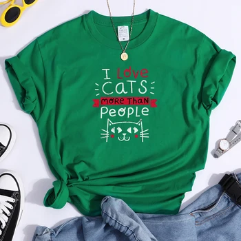 Аз Обичам Котки Повече, Отколкото Хората Писмо Сладък Котка Печат Женска Тениска Модни Върхове Модни Тениски Пролет О-Образно деколте дамски тениски