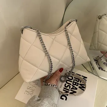 Бели Текстурирани женски малки Чанти 2021 Пролетен Тренд Просто Мода Бродирани конци Верижна Чанта Lingge Атмосферни Месинджър Чанта