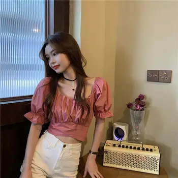 Выдалбливают квадратна врата талия, с къс буйни ръкав топ 2021 лято корейската мода с къс ръкав риза harajuku жените секси блузи лук