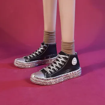 Дамски парусиновая обувки с шипове Секси Леопардовая обувки дантела Маратонки с най-високо берцем Harajuku е Плоска Ежедневни обувки градинска вулканизированная обувки