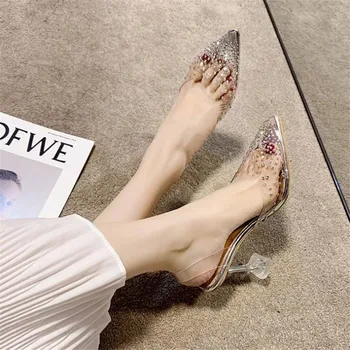 Дамски сандали 2021 Дамски обувки-лодки са Прозрачни PVC обувки на високи токчета, Секси генитални носочки Slip-on Wedding Party Fashion Shoes for Lady