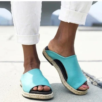 Дамски шевни Чехли 2021 Woman Summer Flats Plus Size 43 Ladies ПУ Leather Slides Women Open-Toe Жена удобни обувки