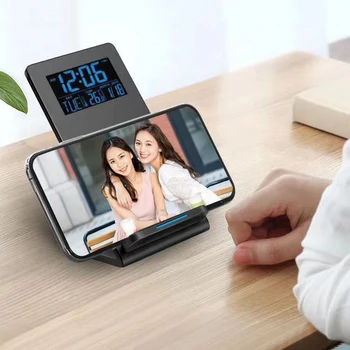 Електрически Будилник с Безжична Зареждащата Стойка Тенис на Притежателя Телефон, Зарядно за Samsung iPhone Температурата на LCD Цифров Часовник