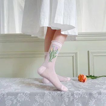 Жените Лятна Мода Окото Выдалбливают Сладки Дълги Вентилационни Чорапи В Корейски Стил Harajuku Прекрасна Японски Цвете Памучни Чорапи