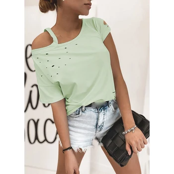 Женска Тениска Выдалбливают Плътен Цвят На Рамото Печат С Къси Ръкави На Женските Блузи Лято Нова Мода Открит Плаж Удобни Дамски Блузи