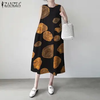 Женски плажен сарафан Трапецовидна Форма ZANZEA Casual Sleeveless Vestidos Retro Cotton Tank Dresses 2021 Summer Printed Midi Dress