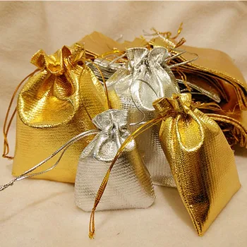 За Многократна Употреба Златни Торбички Drawstring Сребърна Чанта За Съхранение На Бижута, Опаковане Чанта Сватба Коледа Доставка Страна Подарък Чанта За Джоб