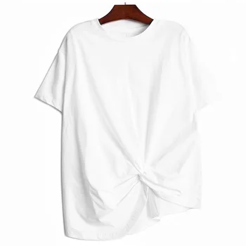 [ИАЛ] Women Black Big Size Casual Asymmetric Ruched T-shirt New Round Neck Short Sleeve Мода Пролет Лято 2021 1DD8278