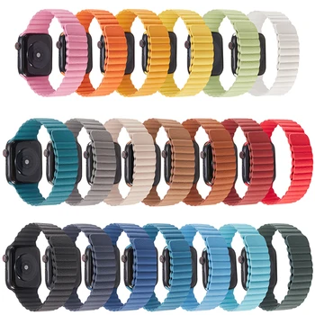 Кожена каишка с линия за Apple watch Band 44 мм 40 мм 38 мм 42 мм Магнитна гривна каишка гривна за iWatch Series 6 SE 5 4 3 китката