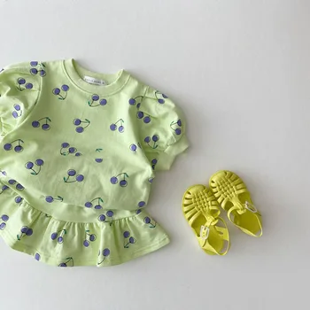 Корейското Лятото Baby Girls Cheery Print Two Pieces Sets Clothing Short Sleeve-Top Тениски +PP Short Skirt Dress Two Piece Suit 1-3Y