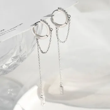 Мода Дълъг Пискюл Обеци Обръч за Жени със сребърно покритие Bling Блясък цирконии Корейски Прости Бижута и Аксесоари