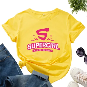 Мода Лято Памук С Къс Ръкав Тениски Сладък Supergirl Писмо Графичен Тениска Големи О-Образно Деколте Тениски за Жени, Момичета