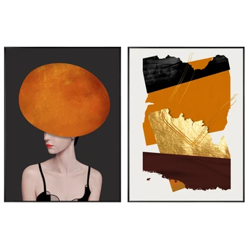 Мода-Рисуване и Цветни Блокове Платно Живопис Дами Оранжево Печатане на Модерен Начало Декор Злато Стенно Изкуство Хол Картина