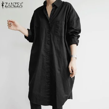 Модни Асиметрични Ризи Дамски Пролетни Блузи ZANZEA 2021 Ежедневно С Дълъг Ръкав Blusas Дамски Бутон Туника Извънгабаритни Върховете Риза