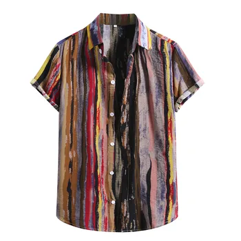 Мъжка Мода Хавайски Вертикални ивици Риза С Къс Ръкав Градинска Печат Лятна Блуза 2021 Плаж Високо качество на нов стил