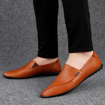 Мъжки обувки от естествена кожа, Меки Мокасини Мокасини Мъжки Маркови мъжки обувки на плоска подметка, Удобни лодка обувки