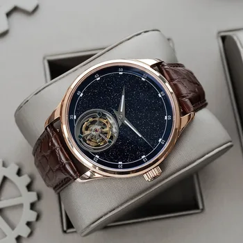 мъжки часовник top brand luxury gold aaa sugess tourbillon watch store sapphire waterproof alligator leather band blue goldstone