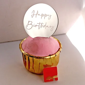 Нов 5 см Злато честит Рожден Ден Торта Topper Акрилни Розово Злато Кръг на Cupcake в цилиндър за Рожден Ден на Момче и момиче Торта Декорация