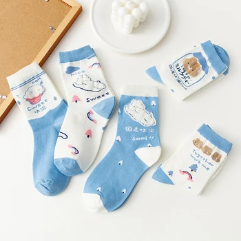 Нов Кавайный Cartoony Мечка Японски Мъжки и дамски чорапи Памучни Harajuku Blue Смешни Ежедневни Fashion Сладък Меки Щастливи Чорапи за момичета