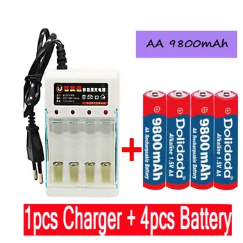 Нова етикет AA battery 9800 mah акумулаторна батерия АА 1.5 V. Акумулаторна Нова Alcalinas drummey +1pcs 4-cell battery charger