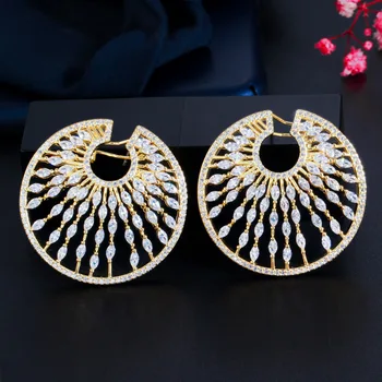 Обеци От 2021 Trend New Disc Shape Drop Peacock Screen Highquality Cubic Fashion Trendy Gold Color For Women Wedding Jewelry