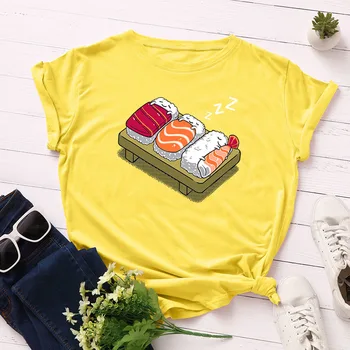 Памук Дамски Тениска Лятна Ежедневни Sleep Sushi Печатни Графичен O Врата С Къс Ръкав Тениски Смешни Черни Тениски Потници Drop Ship