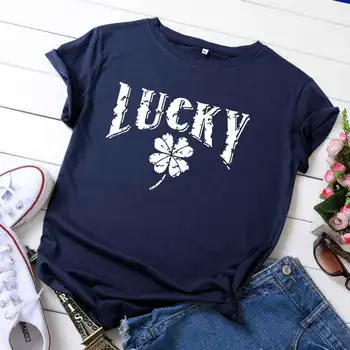 Памук Негабаритная женска тениска с кръгло деколте И Къс Ръкав Harajuku Lucky Clover Top Ежедневни дамски тениска Лято 2020