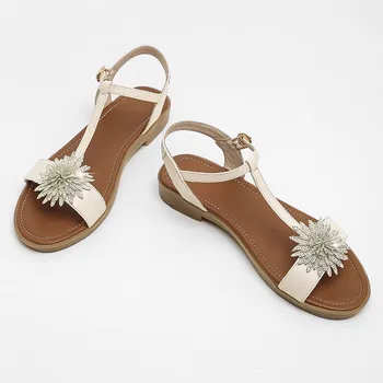 Плажни сандали Дамски обувки на платформа 43 Дамски Летни меки от естествена кожа, с отворени пръсти Т-образна каишка Кристал Комфорт на Ходене Обувки за бременни