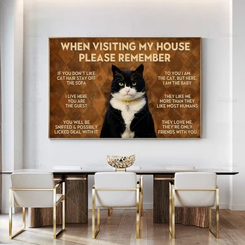 При Посещение На Дома Ми, Моля, Не Забравяйте Плакат, Котка Правила На Изкуството Печат,Котка Любител На Домашния Декор, Котка Приятели Произведения На Изкуството На Стените Изкуство Печат