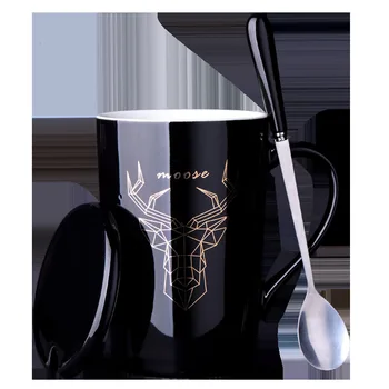 Просто Класически Черно-Бяла Утайка От Чаша Nordic Style Personality Pattern Креативните Керамични Чаши С Лъжичка С Капак Чаена Чаша За Двойки