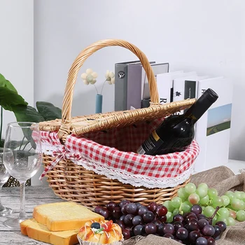 Ракита кошница за пикник в провинциален стил с капак и дръжка и втулки за пикник, партита, сватби и барбекю