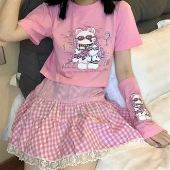 Сладка сладка розова пола, дамски Harajuku y2k корея лейси довършителни клетчатая пола пакетче годишният Японски чист стил пола с висока талия