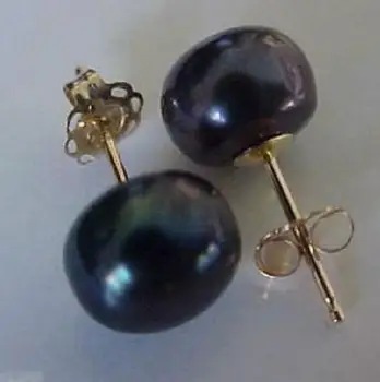 страхотна двойка естествени 9-10мм таитянских черни перли обеци от сребро проба 925